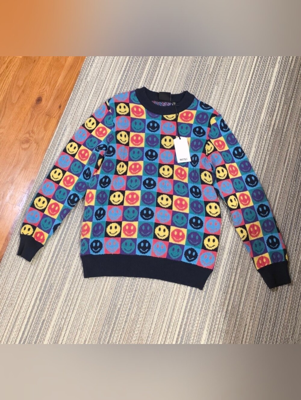 WeSC Leon Pop Smiley Face Checkered Knit Sweater - Unisex Men’s S / Women’s M